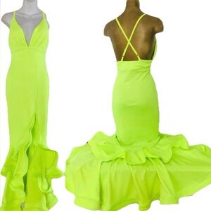 CAROLINA Lemon Lime Neon DAYGLO Flourescent MERMAID Wiggle RUFFLE DRESS NWOT S